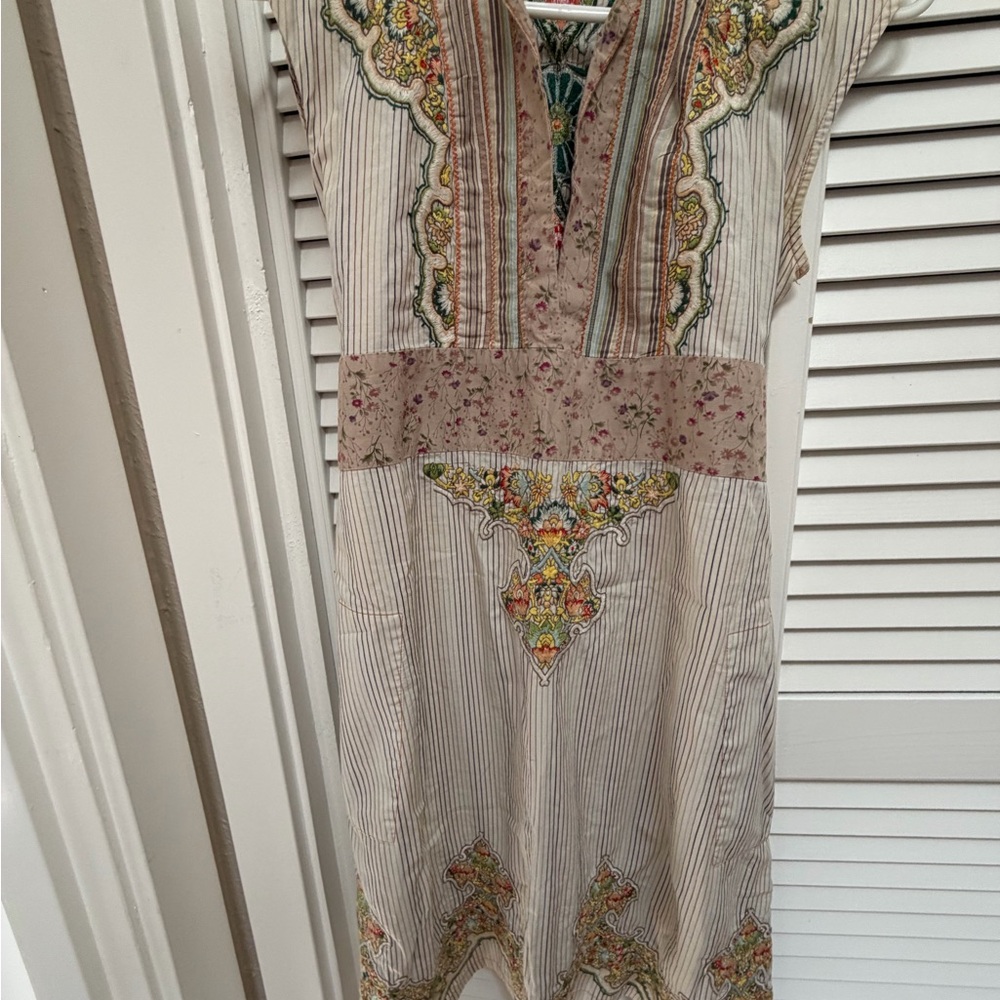 Johnny Was 3J. Boho Embroidered Striped Dress in Cream and Multicolor